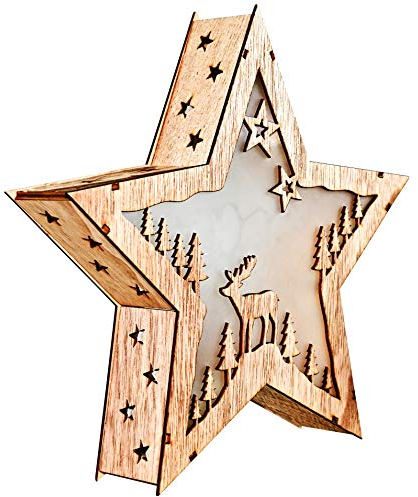Bambelaa! Estrella de madera iluminada con 10 ledes, holograma, iluminación navideña, decoración navideña, estrella de madera, aprox. 30 x 30 cm
