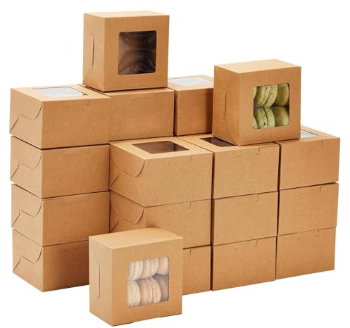Juvale Cookie Boxes with Window - 50 Pack, 4 x 4 x 2.5 in Brown Cardboard - Pastry Containers & Cupcake Box for Baked Goods Packaging - Mini Treat Holders