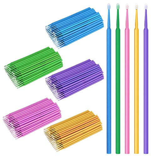 500 PCS Disposable Micro Applicator Brush Bendable Makeup Brush Mascara Brush for Eyelash Extensions, 5 Colors (Head Diameter: 2.5/2.0/1.5 mm)
