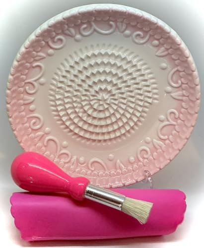 BonCera, Premium Ceramic Garlic Grater Plate Set - Pink Embossed | All-in-One 4-Piece Set includes 5.25 Plate, Peeler, Brush, and Stand - For Garlic, Ginger, Fruits, Strawberries, and more!