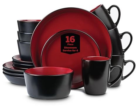 Stone Lain Albie Steinzeug-Geschirr-Sets 16-Piece Modern Rim Dinnerware Set, Rot Und Schwarz, 16 Teile, 4 Personen, Spülmaschinengeeignet, Mikrowellengeeignet