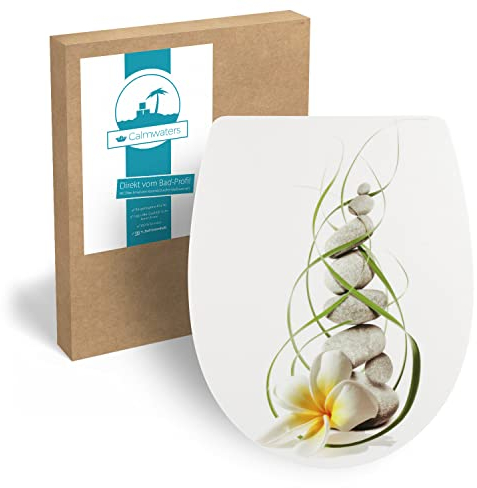 Calmwaters® WC Sitz mit Absenkautomatik Wellness-Motiv Plumeria, Thermoplast Toilettendeckel, abnehmbar, Top-Fix, universale O-Form, ovaler Toilettensitz, Komfort Klodeckel, Wellness-Dekor, 26LP5005