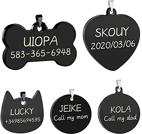 Uiopa 2 Stück Hundemarke mit Gravur, Edelstahl Hundemarke Personalisiert Adressanhänger Hund/Katze Namensschild, Runde Knochen Herz Katze Anhänger für Hunde Katzen Haustier (Schwarz Runde, Klein)