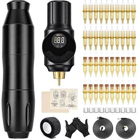 Biomaser Wireless Rotary Machine Kit with RCA Wireless 2000mAh Battery 40pcs Cartridges Needle Practise Skin For Beginner Artist