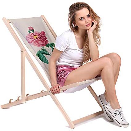 DreamRoots Liegestuhl klappbar Buchenholz, Vintage Pink Flowers | Klappliegestuhl Holz, Buchenholz, bis 130 kg, 3-fach verstellbar, waschbarer Polyesterbezug, für Garten & Terrasse