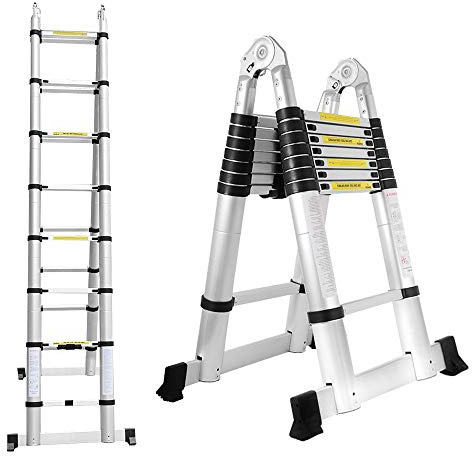 Ansobea Teleskopstege, 5 m (2,5 + 2,5) utdragbar stege aluminium, halkfri fällbar stege, stående stege, multifunktionsstege, 150 kg 330 pund lastkapacitet, aluminiumstege 8 + 8 ribbor