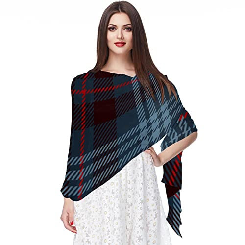 Chiffon-Schal, leicht, weich, durchsichtig, lang, für alle Jahreszeiten, dunkelblau kariert, mehrfarbig