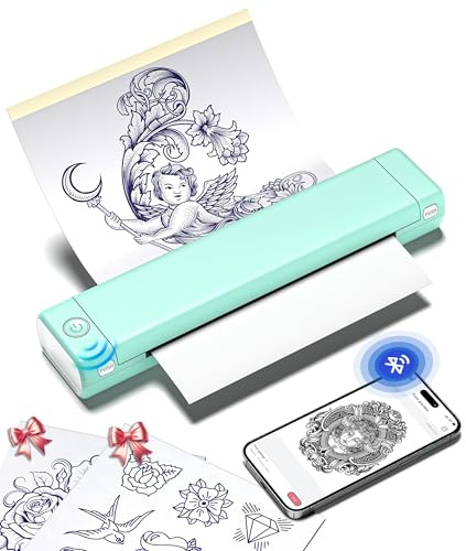 Phomemo M08F Tattoo Drucker Schablone Drucker Thermodrucker Tattoo | Tattoo Stencil Drucker Bluetooth Transfer Maschine Kompatibel mit Smartphone und PC mit 10pcs Transferpapier, Grün