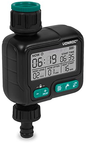 VONROC Temporizador de riego - Digital - Sistema de riego automático - programable de 1h a 15 días/1seg a 99min - IPX5 Impermeable