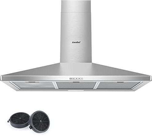 COMFEE' Cappa Aspirante 90 cm PYRA17SS-90 Acciaio Inossidabile Cappa Cucina con LED, Sistema di Ricircolo e Canalizzazione e Filtri a Carbone