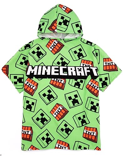 Minecraft Kids Towel Poncho | Green Bath Towel For Boys & Girls | Creeper TNT Explosive Swimwear | Hooded Graphic Beach Cover Up | Cosy Swim Accessory Gift for Children