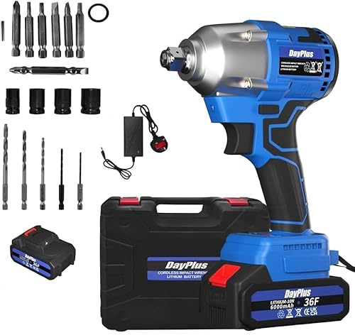 21V Cordless Brushless Impact Wrench, Power Impact Wrench 1/2 Inch Driver Impact Gun Electric Drill 420Nm High Torque, Variable Speed, with 6000mAh Battery, 4 Sockets, 12 Drill Bits, Carry Case