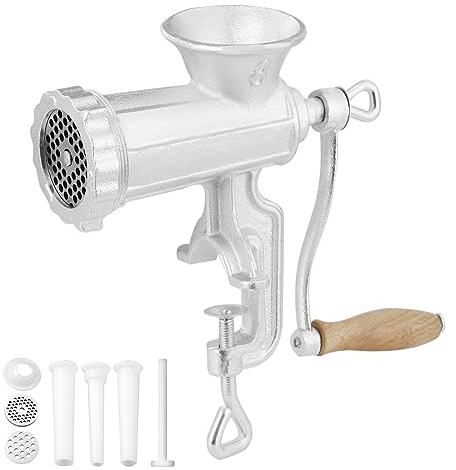 VEVOR Picadora de Carne Manual de Hierro Fundido Picadora Manual de Manivela 2 Placas de Picado de 5 y 8 mm Empujador de Salchichas Fijación Firme Mediante Abrazadera para Carnicería a Domicilio