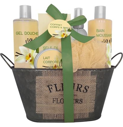 Cofanetto bagno vaniglia – Gel doccia 210 ml, bagno schiumogeno 90 ml, scrub, sapone, fiore da massaggio, regalo donna bellezza, cura corpo, kit cocooning vasca da bagno vintage vaniglia francese