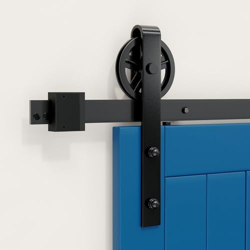 SKYSEN Schiebetür Komplettset 183cm Großes Rad Schiebetürbeschlag für Schiebetürsystem mit Bodenführung, Schiebetür Schiene Perfekt Raumspart Raumtrenner für 1 Innentüren, Zimmertür, Holztür