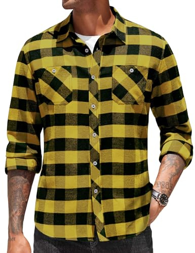 COOFANDY Camisa de franela para hombre, camisa de manga larga, camisa a cuadros, camisa informal para hombre, camisa de leñador, camisa a cuadros con bolsillos en el pecho, negro y amarillo, S