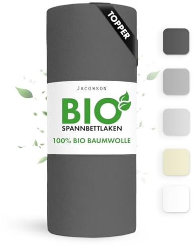 Jacobson Bio Spannbettlaken Topper 180x220cm Baumwolle Spannbettlaken, GOTS zertifiziertes Bettlaken, 160g/m² Jersey Spannbetttuch (Topper 180x220, Anthrazit)