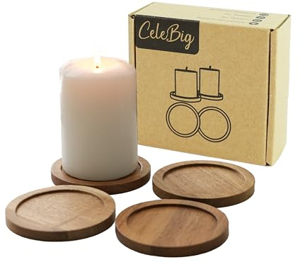 CeleBig Kerzenuntersetzer 4er Set | Rund Ø10cm für Stumpenkerzen & Teelichter | Natürliche Tischdeko für Wohnzimmer & Weihnachten | Rustikale Holzoptik | Geschenkidee für Zuhause | Akazienholz
