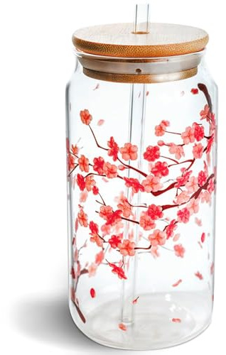 Aesthetic Cherry Blossom Glass Cup with Lid and Straw - Floral Iced Coffee Cup - Cute Latte, Matcha Tumbler 16 oz - Preppy Birthday Gift for Women, Best Friends, Mom, Bridesmaid, Coffee Lover