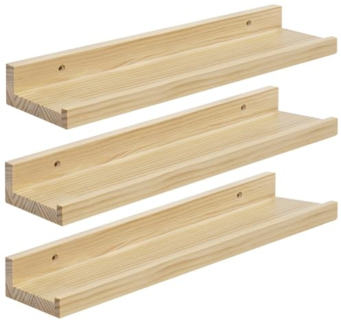 eSituro 3er Set Wandregal Holz, Hängeregal Schweberegal Bilderleiste, Wanddeko für Wohnzimmer Schlafzimmer Küche Badezimmer, 10 kg Belastbarkeit, natürliche Holzfarbe, B40xH4xT10 cm, SWS0376-3 | für Wohnzimmer Schlafzimmer Küche Badezimmer, Schweberegal hängend, mit unsichtbarer Halterung