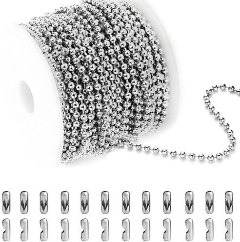 16.4 Ft Ball Chain, 2.4mm Stainless Steel Chain Necklace Bulk Bead Chain with 20 PCS Ball Chain Connectors Clasps Dog Tag Chains for Jewelry Making Bracelets Craft Supplies (Silver,16.4ft)