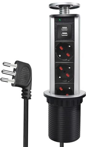 Multipresa da Scrivania a Scomparsa con 2 USB, 2,1A, 3 Prese, 10/16A, Torretta da Tavolo, Colonnina con Protezione, Spina 16A