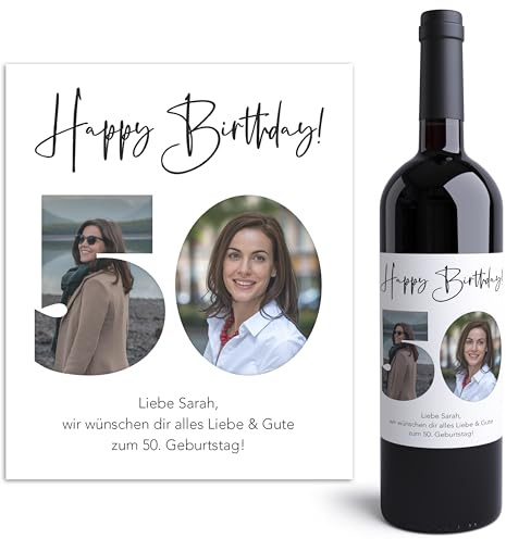 50. Geburtstag Weinetiketten personalisiert mit Foto Flaschenetiketten selbst gestalten Geburtstagsgeschenk Geschenk Fotogeschenk Weinflasche Etiketten 2 Stk. | 10x12 cm