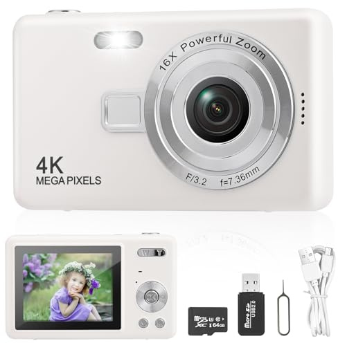 Appareil Photo Numérique, Appareil Photo Compact HD 1080P avec Carte de 64 Go, 40MP Appareil Photo 8X Zoom Numérique Rechargeable Appareil Photo Numérique pour Enfants, Débutants (Blanc)