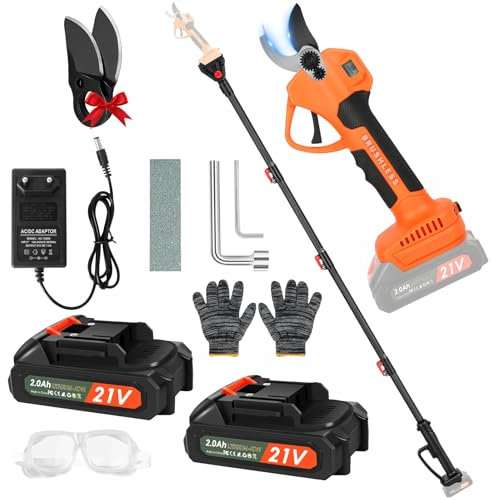 Tijeras de Podar Eléctricas con Varilla de Extensión 2 m, Profesional Tijeras de Podar con 2000 mAh Bateria, Pantalla, SK5 Suchillas, Tijeras de Jardín Eléctricas para Jardinería, Árboles Frutales