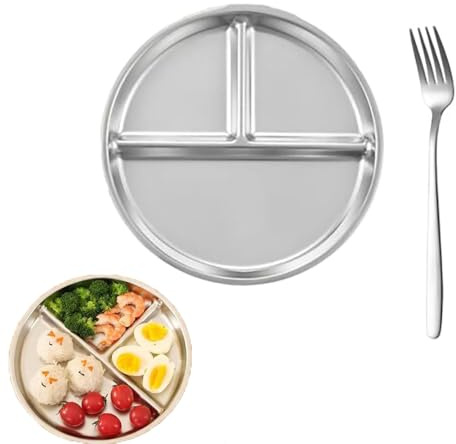 Cmeilau Stainless Steel Kids Dinnerware Set,Portion Control Platter with 3-Compartment,Divided Food Tray for Adults Kids,Good for Camping,Unbreakable Toddler Plates,Dishwasher Safe,Clean Well (1 Set)