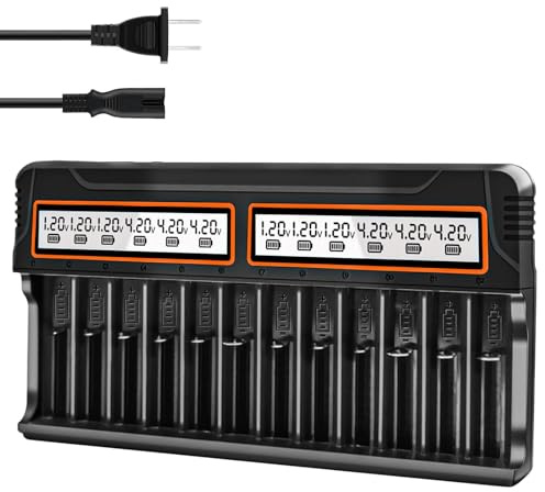 18650 Battery Charger, BOANV 12 Bays Smart Universal LCD Charger with US-style plug for Rechargeable Li-ion LiFePO4 IMR AA AAA Ni-MH Ni-Cd Batteries (Not fit 21700)