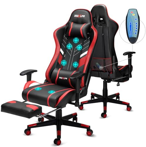Douxlife Gaming Stuhl, mit 7 Punkt Massage, Fußstütze, Ergonomischer Bürostuhl, 90-175° Rückenlehne Einstellbar, Verstellbare 2D Armlehne, PC Gamer Stuhl Schreibtischstuh, 180KG, Schwarz Rot