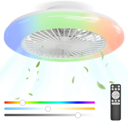 Ventilador de Techo con Luz 48.5CM, Motor DC 20W Reversibles, Ventiladores LED y Control Remoto 6 Velocidades Silencioso Sin Aspas, RGB-3000K-4000K-6500K Regulable, Lampara Dormitorio Temporizador