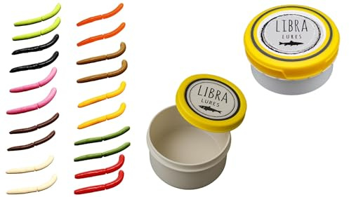 Libra Lures Fatty D Worm 65mm Starter-Set – 20x Forellenköder Softbaits in 10 Farben mit Käse-Aroma – Gummiköder Set + dichte Dose – Ideal zum Forellenangeln