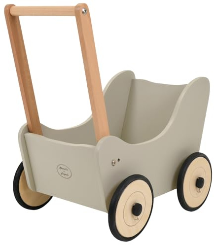 Bandits & Angels Puppenwagen Little Angel ab 1 Jahr - Puppenwagen aus Holz - Für Mädchen - Für Puppen bis 42 cm - Gummiräder (Olive Green)