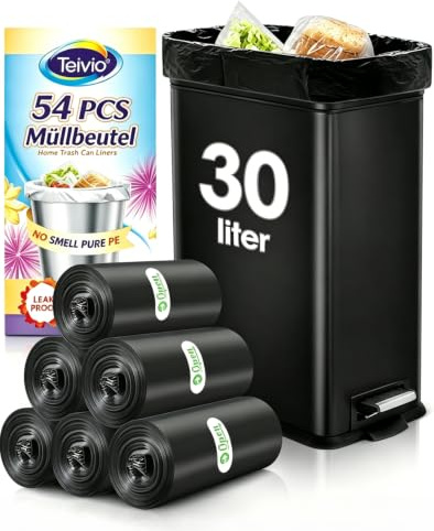 Teivio 30 Liter starke, mittelgroße Müllbeutel, 54 Stück, passend für 25, 30, 35 l Mülleimer, 8 Gallonen dicke Badezimmer-Müllbeutel, Kunststoffbeutel für Zuhause, Büro, Küche, Schwarz