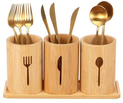 Toaboa 4 Set Besteckhalter Tisch Holz Besteck Aufbewahrung mit Drainagelöcher, Herausnehmbares Tablett Klassifizierung Lagerung Besteckkorb Tisch für Wohnküche, Esszimmer, Frühstücksbar, Café