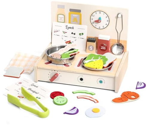 let's make Kinderküche Zubehör Holz, Spielküche Zubehör Verstaubar, Kinder Küchenset, Kinderküche Geschirr mit Töpfe und Kochgeschirr, Spielzeug ab 3 Jahre