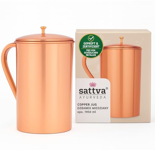 Sattva Ayurveda Kupfer Wasserkrug 1950 ml Familiengröße – Reines Kupfer mit Zertifikat – Ayurvedischer Detox Krug – Handgefertigt & Plastikfrei (Plain, 1950)