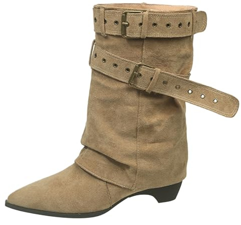 Botines para mujer con tacón, elegantes botas de ante de piel de media altura, botas de vaquero de tacón bloque, medias botas antideslizantes para tobillo y tobillo, botas largas para festival, botas