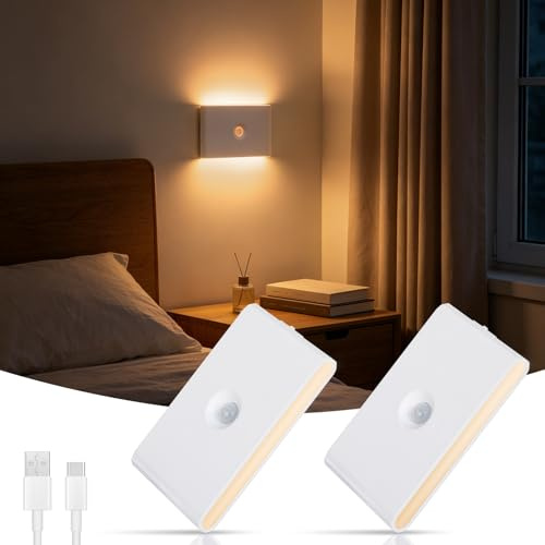 Luz nocturna con detector de movimiento y sensor crepuscular, 2 unidades de luz nocturna recargable con batería, modo noche/día/apagado/encendido, luz nocturna magnética para habitación de los niños