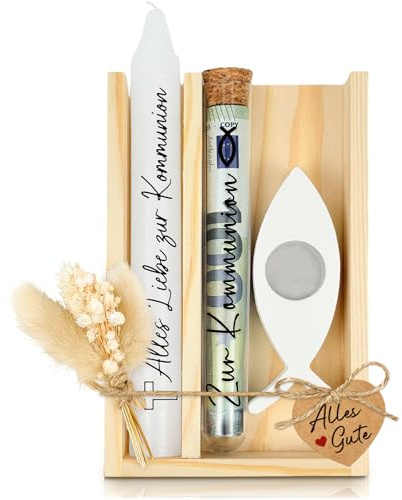 Kommunion Geschenk Set, Stabkerze mit Fisch Kerzenständer und Trockenblumenstrauß, mit Reagenzglas - in Holzbox Holzverpackung, Geldgeschenk Kommunion, für Jungen und Mädchen