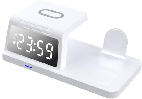 Wezalget Base De Carga para Mesita De Noche | 4 en 1 Cargador Inalámbrico Rápido para Múltiples Auriculares,Reloj Despertador con Estacion De Carga,para Hogar, Autocaravana, Vehículo, Viaje, Trabajo,