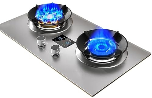 Stainless Steel Gas Cooker, 2 Burner Portable Hob, Indoor Stove with Timer Function, Freestanding Table Top, for Home Kitchen Camping Catering Caravan(NG)