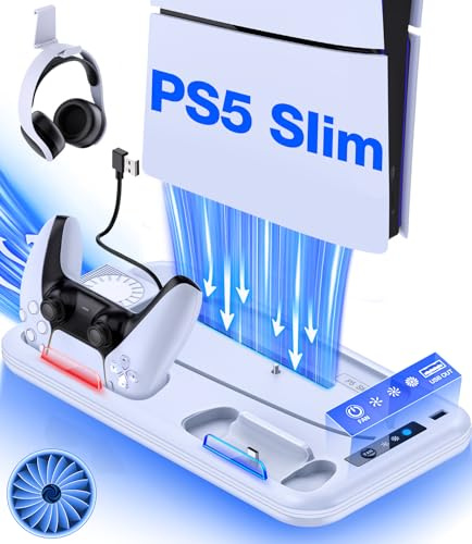 PS5 Slim Kühlstation mit Dual-Controller-Ladegerät, 3-stufigem Turbo-Lüfter, USB-Hub und Headset-Haken für die PlayStation 5 Slim Konsole (Disc/Digital Edition)