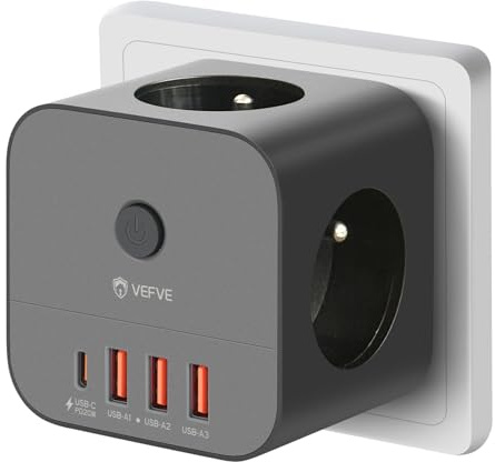 VEFVE Cube Multiprise Murale, Bloc 7-en-1 avec Chargeur 20W USB-C - Noir | Idéal pour maison et bureau. 3 Prises secteur (3680W) et 4 ports USB. Équipé d'un interrupteur et charge rapide intégrée