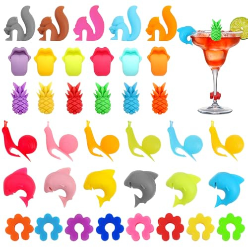 Hustge 38 Stück Glasmarkierer Silikon, Glas Markierung Trinkgläser, Gläser Markieren Wiederverwendbar, Wein Trinken Glasmarker Bunte für Gläser für Party, Weingläser