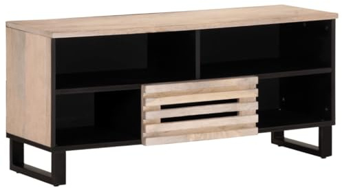 QUAHEAS Mobile TV in legno massiccio di mango, 100 x 34 x 46 cm, con 1 cassetto e 4 scomparti, robusto mobile basso per soggiorno e camera da letto, spazio per console multimediale, rack HiFi