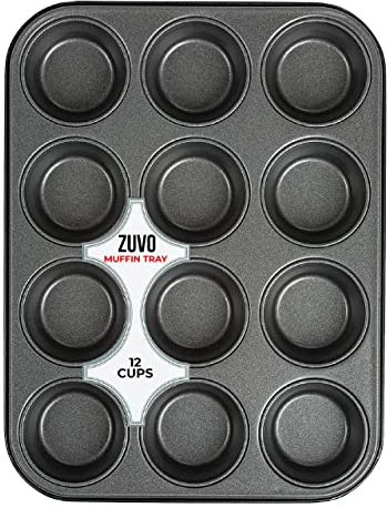Zuvo Nonstick 12 Cup Muffin Tray - BPA Free & Dishwasher Safe Cupcake Pan Muffin Tray with Stain-Resistant, Baking Mould for Muffins or Cupcakes, Bakeware - (Black)