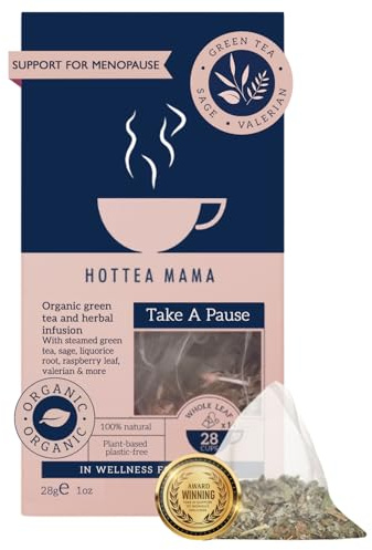 HOTTEA MAMA | Take A Pause | Menopause Support Tea | Green Tea, Ginseng, Sage, Valerian, Raspberry Leaf | 14 Whole Leaf Biodegradable Bags (28 Cups)